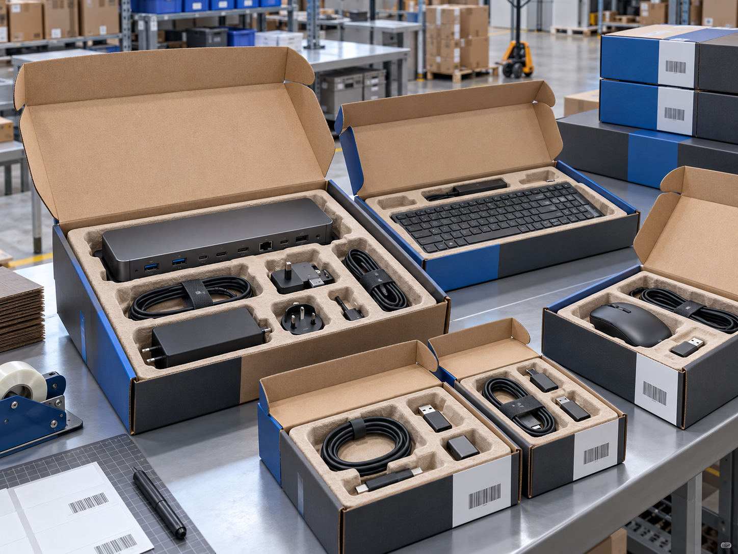 Computer accessory packaging and fulfillment desk